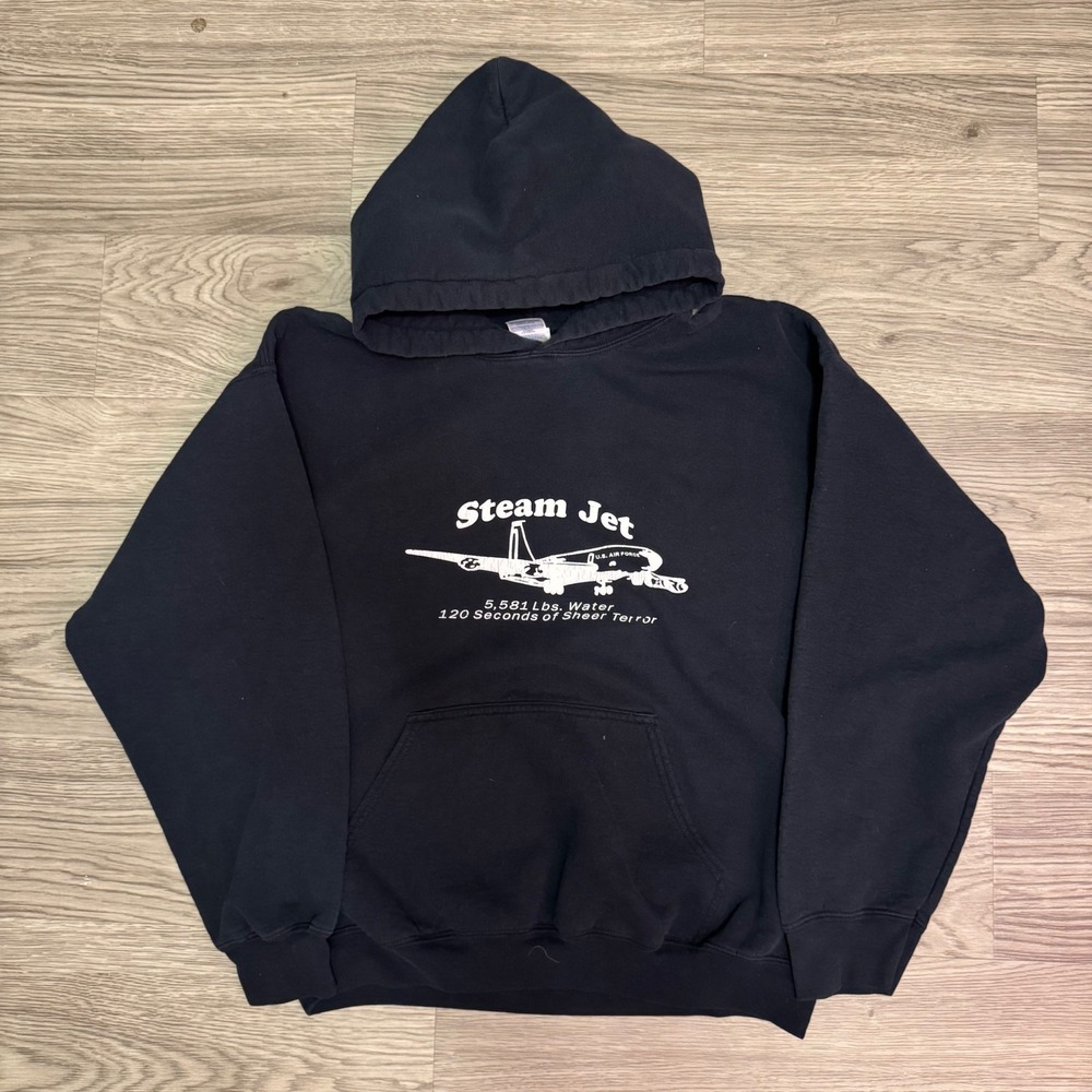 Vintage Y2K Steam Jet US Air Force Hoodie Navy Blue Gildan Large Graphic